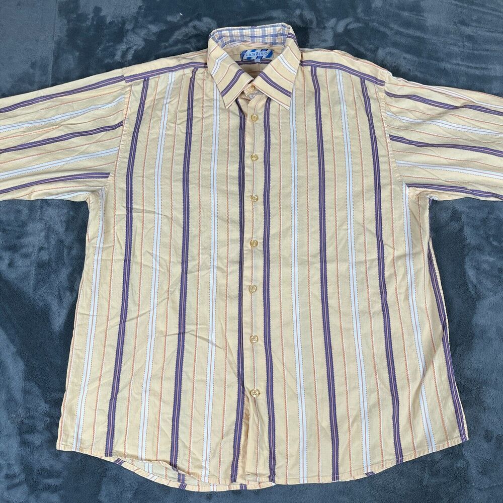 Lanzino Mens Button Front Shirt Yellow Stripe Long Sleeve Flip Cuff Sz Large